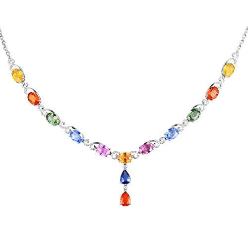 Daesar Damen Kette Weißgold 375 Echtgold, Y Halskette Filigran mit 12.87ct Bunten Saphir und Diamant Y-Kette Weißgold 50CM für Frauen Hochzeit von Daesar