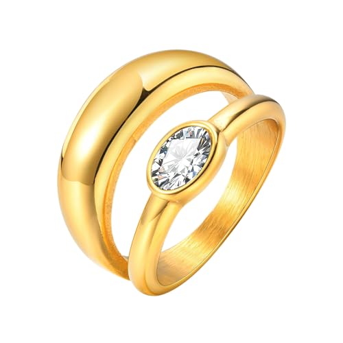 Daesar Damen Ring Edelstahl Vergoldet, Ringe Partnerringe Personalisiert Geometrie mit Zirkonia Breit 14.6MM Gold Ring Größe 52 (16.6) von Daesar