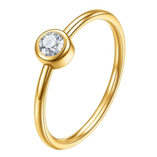Daesar Edelstahl Ring Damen, Frauen Ringe Personalisiert Solitär mit 5MM Zirkonia Gold Ring Große 62 (19.7) von Daesar