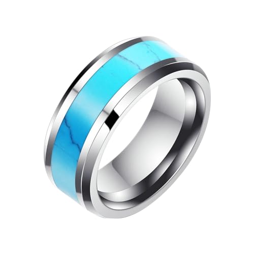 Daesar Edelstahl Ringe Herren, Männer Ring Personalisiert 8MM Glänzend mit Türkis Bandring Silber Ringe Gr.70 (22.3) von Daesar