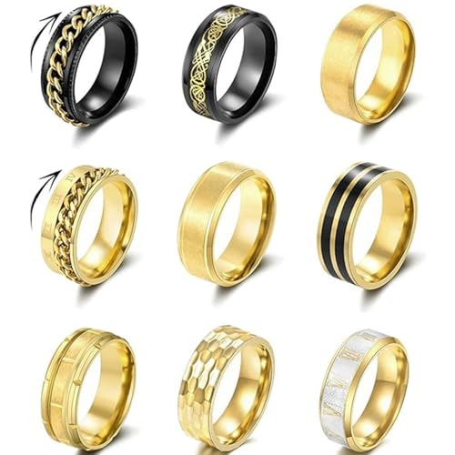 Daesar Edelstahl Ringe Herren 8MM, Ringe Set Spinner mit Kette und Zahlen Partnerringe Personalisiert Freundschaftsringe 9er Set Gold Gr.57 (18.1) von Daesar