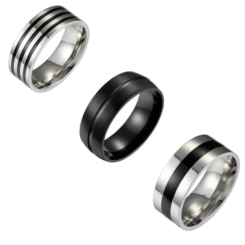 Daesar Edelstahl Ringe Herren 8MM, Ringe Set mit Epoxid Partnerringe Personalisiert Freundschaftsringe 3er Set Silber Schwarz Gr.65 (20.7) von Daesar
