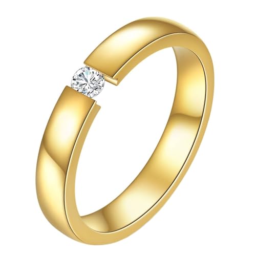 Daesar Edelstahl Ringe für Männer, Gold Ring Personalisiert 3MM Solitär mit Zirkonia Bandring Ring Gr.54 (17.2) von Daesar