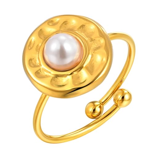 Daesar Edelstahl Vergoldet Ringe Damen, Frauen Ring Personalisiert Blume Solitär mit Perle Offen Gold Ringe Verstellbar von Daesar