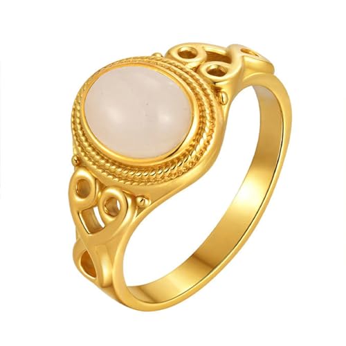 Daesar Edelstahl Vergoldet Ringe Damen, Frauen Ring Personalisiert Filigran mit Weiß Katzenaugenstein Gold Ringe Größe 52 (16.6) von Daesar