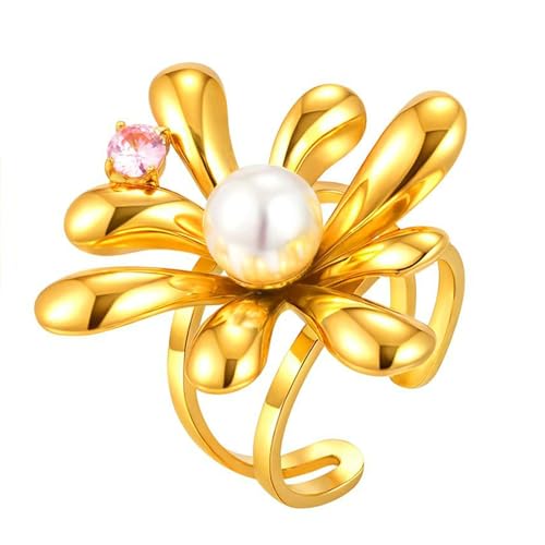 Daesar Edelstahl Vergoldet Ringe Partnerringe Gold, Ring Personalisiert Blume mit Perle und Zirkonia Ringe Einstellbar von Daesar
