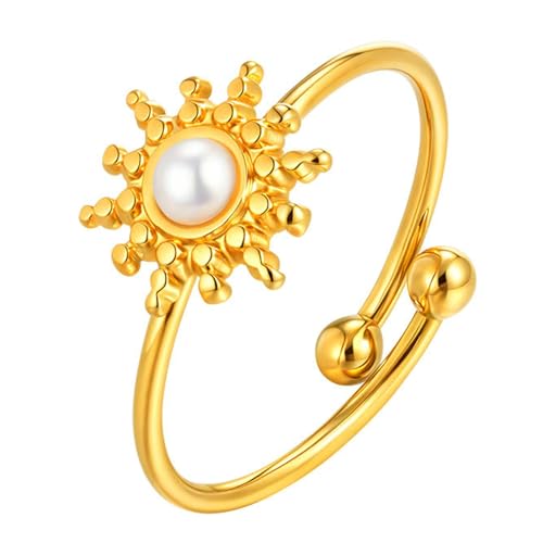Daesar Edelstahl Vergoldet Ringe Partnerringe Gold, Ring Personalisiert Sonnenblume mit Perle Offen Ringe Verstellbar von Daesar