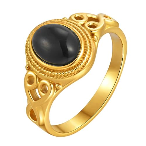 Daesar Edelstahl Vergoldet Ringe für Damen Gold, Frauen Ring Personalisiert Filigran mit Schwarz Katzenaugenstein Ringe Gr.60 (19.1) von Daesar