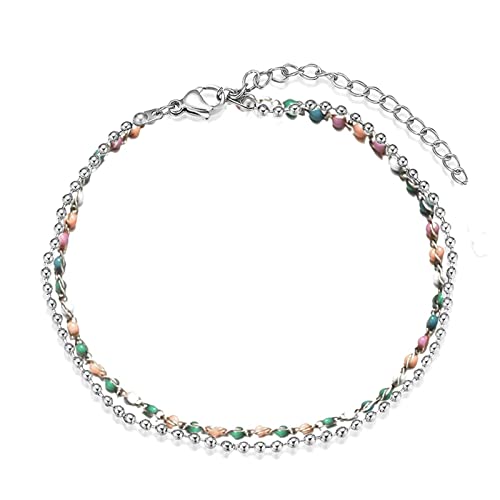 Daesar Fußkettchen für Damen, Fußkette Edelstahl 2-Layer Bead-Kette Dünn Fußkettchen Silber 30CM Strand Urlaub von Daesar