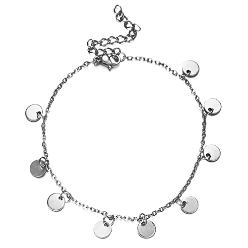 Daesar Fußkettchen für Damen, Fußkette Edelstahl Gliederkette mit Anhänger Münzen Fußkettchen Silber 30CM Strand Urlaub von Daesar