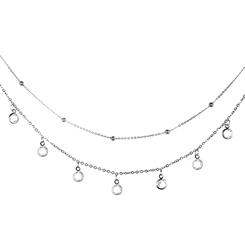 Daesar Fußkette Damen Edelstahl, Fußkettchen Urlaub 2-Layer Gliederkette Dünn mit Zirkonia Fußketten 30CM Silber Verlängerung von Daesar