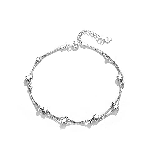 Daesar Fußkette Damen Silber 925, Fußkettchen Urlaub 2-Layer Venezianierkette mit Bead und Stern Fußketten 24CM Silber Verlängerung von Daesar