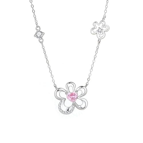 Daesar Halskette 375 Weißgold Damen mit Anhänger, Kette Weißgold 45CM Charms Anhänger Blumen mit Rosa Saphir und Diamant Halskette Weißgold Wasserfest von Daesar