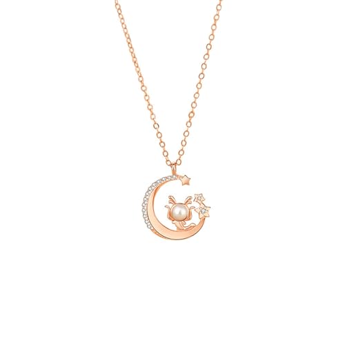 Daesar Halskette 585 Rotgold Damen mit Anhänger, Kette Rosegold 45CM Charms Anhänger Sterne Mond mit Perle und Diamant Halskette Rosegold Wasserfest von Daesar