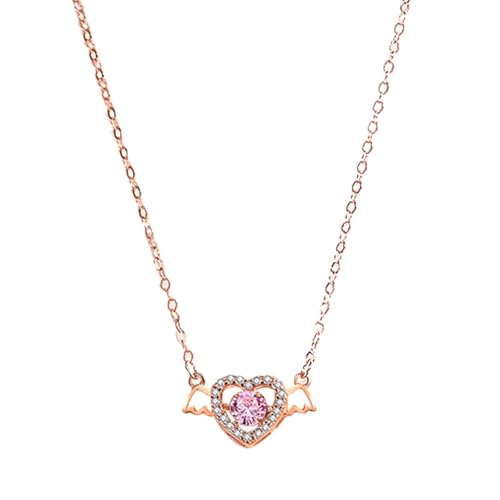 Daesar Halskette Damen 45CM mit Anhänger, Rosegold Kette Frauen Echt 585 Engelsflügel Herz mit Rosa Saphir und Diamant Anhänger Halskette für Frauen Charms von Daesar