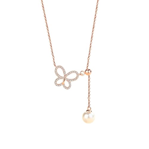 Daesar Halskette Damen 45CM mit Anhänger, Rosegold Kette Frauen Echt 750 Schmetterling und Perle Anhänger Halskette für Frauen Charms von Daesar