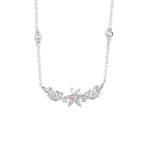 Daesar Halskette Damen Weißgold 375 Echtgold, Kette Anhänger Blumen mit Rosa Saphir und Moissanit Halskette Weißgold 45CM für Charms von Daesar