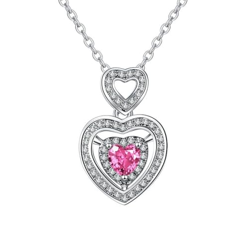 Daesar Halskette Damen Weißgold 585 Echtgold, Kette mit Anhänger Doppelte Herzen Rosa Saphir und Diamant Halskette Weißgold 45CM für Charms von Daesar