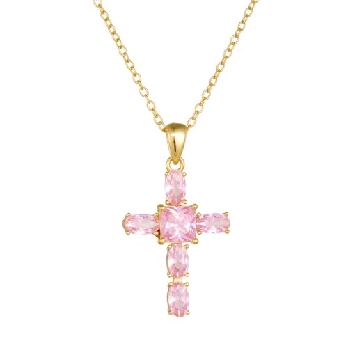 Daesar Halskette Gold 750 Damen, Gold Kette 45CM Charm Anhänger Kreuz mit Rosa Saphire Hochzeit Halskette für Frauen von Daesar