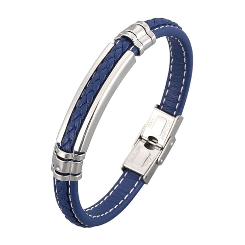 Daesar Herren Armbänder Blau Leder, Lederarmband mit Geometrie 8MM Edelstahl Sicherheitsverschluss Freundschaftsarmband Jungs 18.5CM von Daesar