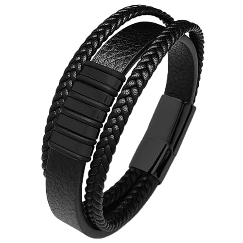 Daesar Herren Armbänder Leder, Partnerarmband Personalisiert Breit 12MM 3-Layer mit Geometrie Charm Lederarmband Schwarz Edelstahl Magnetverschluss 16.5CM von Daesar