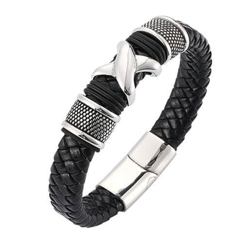 Daesar Herren Armbänder Leder, Partnerarmband Personalisiert Breit 12MM Geflochten mit X Geometrie Charm Lederarmband Schwarz Magnetverschluss 16.5CM von Daesar