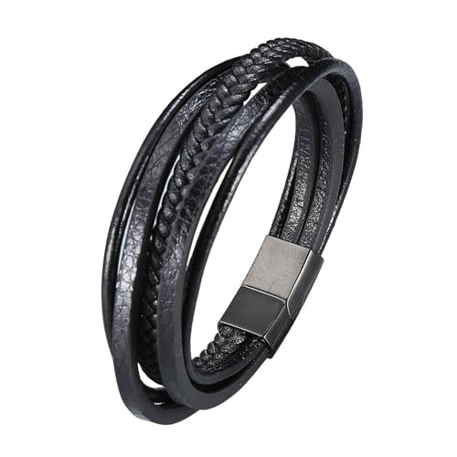 Daesar Herren Armbänder Leder, Partnerarmband Personalisiert Breit 12MM Mehrschichtig Geflochten Charm Lederarmband Schwarz mit Magnetverschluss 18.5CM von Daesar