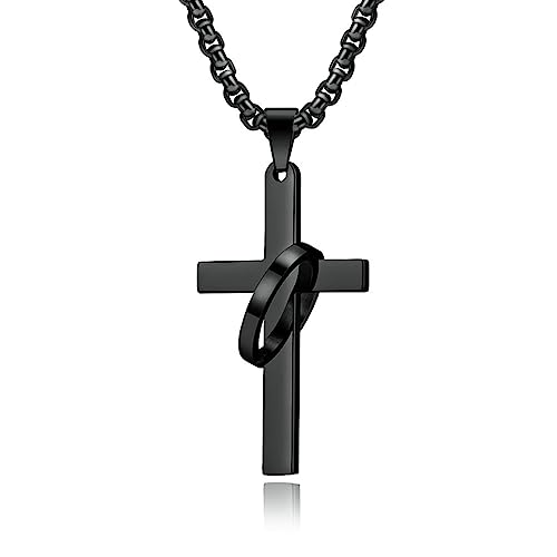 Daesar Herren Halskette Edelstahl, Kette Schwarz 60CM mit Charm Anhänger Kreuz mit Ring Halskette Personalisiert für Männer Jungs Daesar Herren Halskette Edelstahl, Kette Schwarz 60CM mit Charm Anhänger Kreuz mit Ring Halskette Personalisiert für Männer Jungs von Daesar