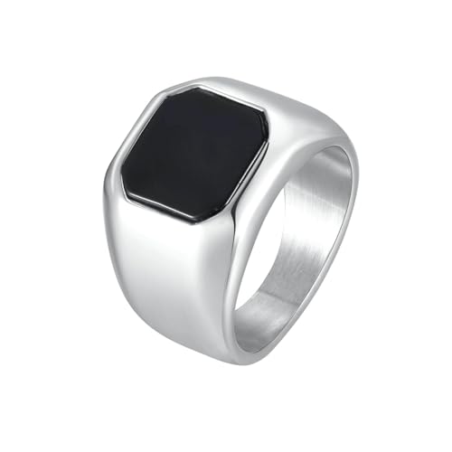 Daesar Herren Ring Personalisiert, Edelstahl Ringe Breit mit Schwarzem Achat Sieglring Silber Ring Gr.65 (20.7) von Daesar