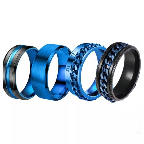 Daesar Herren Ringe Edelstahl Blau, Ringe Set Männer 8MM Matt und Drehbar Kette Partnerringe Personalisiert Freundschaftsringe 4er Set Gr.70 (22.3) von Daesar
