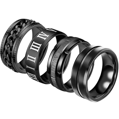 Daesar Herren Ringe Set Edelstahl, Schwarz Ring Personalisiert mit Drachen Muster Zahlen und Drehbar Kette Partnerringe 8MM Freundschaftsringe 4er Set Größe 62 (19.7) von Daesar