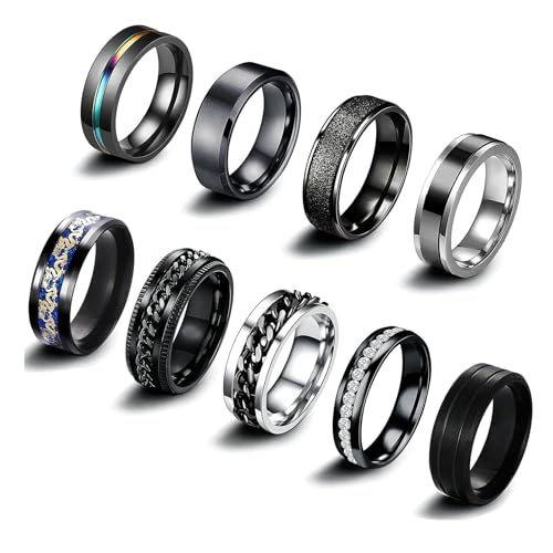 Daesar Herren Ringe Set Schwarz, Edelstahl Ringe 8MM Drehbar mit Kette und Zirkonia Männer Ring Personalisiert Freundschaftsringe 9er Set Gr.60 (19.1) von Daesar