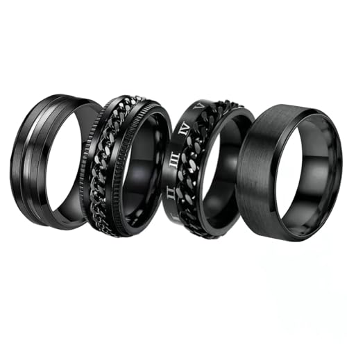 Daesar Herren Ringe Set Schwarz, Edelstahl Ringe 8MM Matt und Drehbar Kette Männer Ring Personalisiert Freundschaftsringe 4er Set Gr.60 (19.1) von Daesar