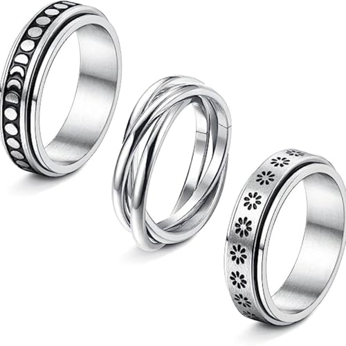 Daesar Herren Ringe Set Silber, Edelstahl Ringe 6MM Mond Blumen Drehbar Männer Ring Personalisiert Freundschaftsringe 3er Set Gr.70 (22.3) von Daesar