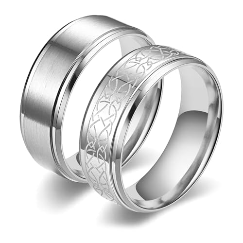 Daesar Hochzeitsringe Paar Edelstahl, Partnerringe 8MM Silber mit Muster und Matt Trauringe Verlobungsringe für Sie und Ihn Damen Gr.55 (17.5)& Herren Gr.65 (20.7) von Daesar