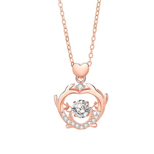 Daesar Kette Damen Rotgold 585 Echtgold mit Anhänger, Halskette Charms Herz Geweih mit Moissanit Anhänger Kette Rosegold 45CM Wasserfest von Daesar
