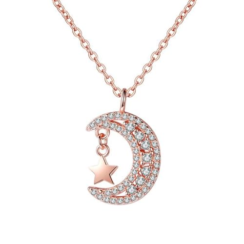 Daesar Kette Rotgold Damen 375 Echtgold, Halskette Anhänger Mond mit Diamant und Stern Kette Rosegold 45CM Wasserfest für Frauen Braut von Daesar