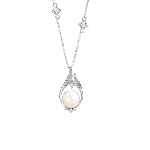 Daesar Kette Weißgold 585 Damen 45CM mit Anhänger, Halskette Flügel mit 9MM Perle und Moissanit Anhänger Kette für Frauen Echtschmuck von Daesar