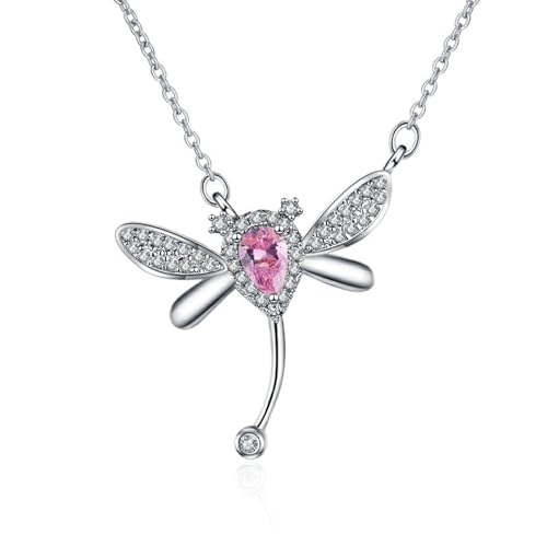 Daesar Kette Weißgold Damen 585 Echtgold, Halskette mit Anhänger Libelle Rosa Saphir und Diamant Kette Weißgold 45CM Wasserfest von Daesar