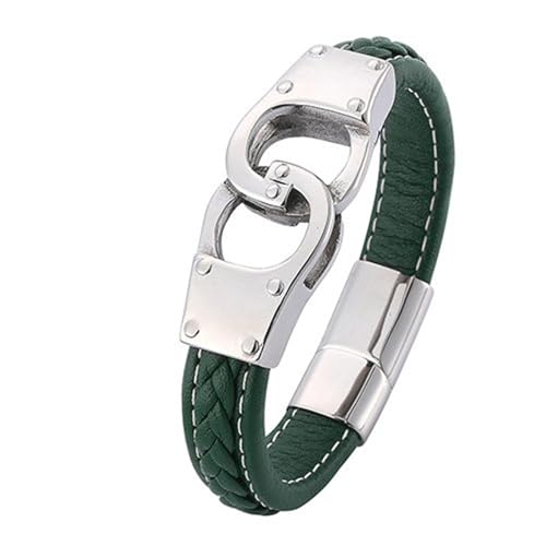 Daesar Leder Armbänder für Herren, Armband Partner Magnet 12MM mit Handschellen Freundschaftsarmband Lederarmband Grün Personalisiert 20.5CM von Daesar