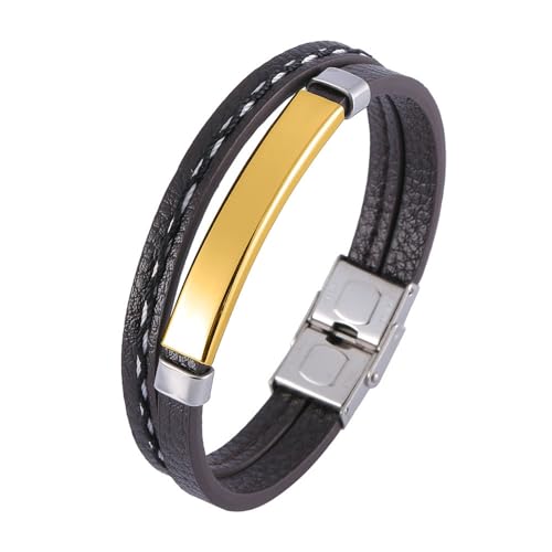 Daesar Lederarmbänder Herren, Charm Armband Personalisiert 2-Layer mit Schilde 12MM Edelstahl Sicherheitsverschluss Partnerarmband Schwarz 16.5CM von Daesar