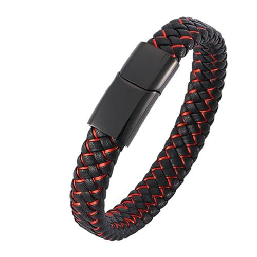 Daesar Lederarmbänder Herren, Charm Armband Personalisiert Geflochten mit Rot Streifen 12MM Magnetverschluss Partnerarmband Schwarz Rot 16.5CM von Daesar