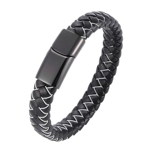 Daesar Lederarmbänder Herren, Charm Armband Personalisiert Geflochten mit Weiß Streifen 12MM Edelstahl Magnetverschluss Partnerarmband Schwarz 18.5CM von Daesar