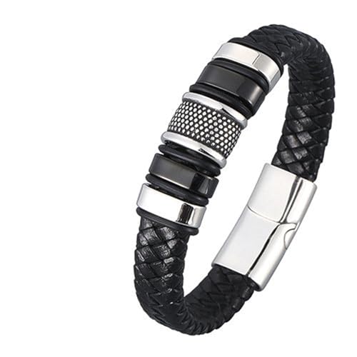 Daesar Lederarmbänder Herren, Charm Armband Personalisiert Geometrie mit Gepunkt 12MM Edelstahl Magnetverschluss Partnerarmband Schwarz 16.5CM von Daesar