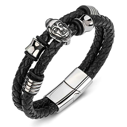 Daesar Lederarmband Herren Geflochten Freundschaftsarmband Magnet Charms, Buddha Armbänder Leder Partner Schwarz 185MM von Daesar