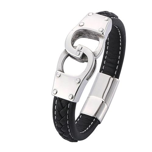 Daesar Lederarmband Herren Personalisiert, Charm Armband 16.5CM mit Handschellen Edelstahl Magnetverschluss Freundschaftsarmband Gothic Armbänder Männer Schwarz von Daesar