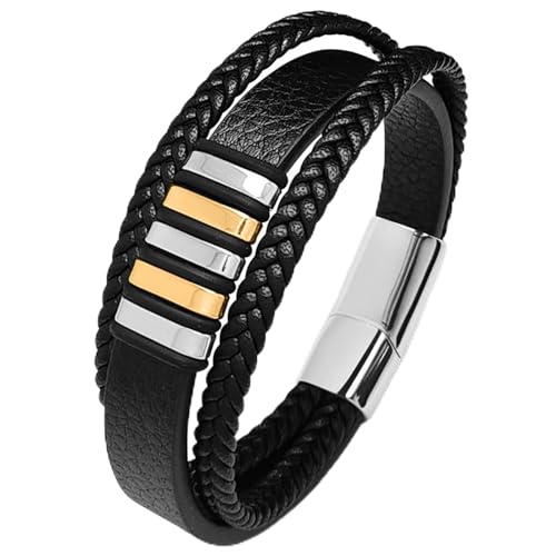 Daesar Lederarmband Herren Personalisiert, Charm Armband 18.5CM 3-Layer mit Geometrie Edelstahl Magnetverschluss Freundschaftsarmband Gothic Armbänder Männer Schwarz von Daesar