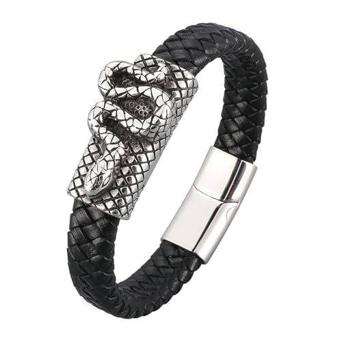 Daesar Lederarmband Herren Personalisiert, Charm Armband 18.5CM Schlange mit Magnetverschluss Freundschaftsarmband Gothic Armbänder Männer Schwarz von Daesar