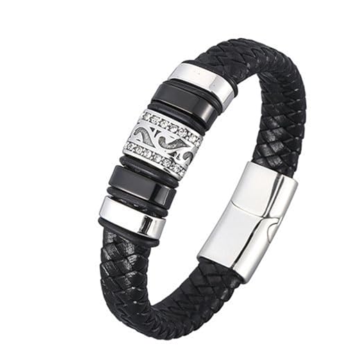 Daesar Lederarmband Herren Personalisiert, Charm Armband 20.5CM Filigran mit Zirkonia Edelstahl Magnetverschluss Freundschaftsarmband Gothic Armbänder Männer Schwarz von Daesar