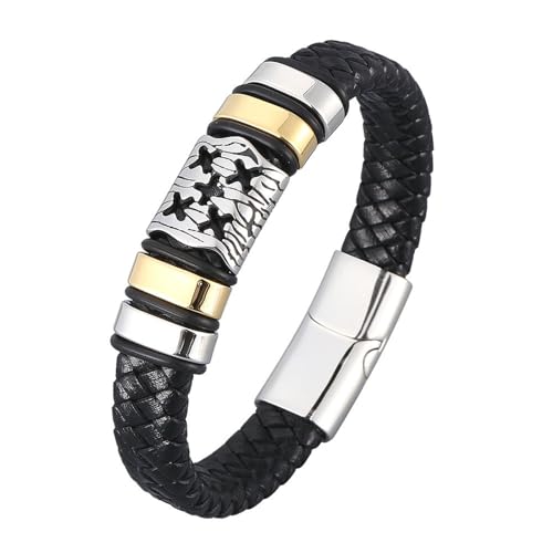 Daesar Lederarmband Herren Personalisiert, Charm Armband 20.5CM Geometrie mit Kreuz Edelstahl Magnetverschluss Freundschaftsarmband Gothic Armbänder Männer Schwarz von Daesar